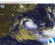 2004 image of Cyclone Catarina, the first identified hurricane-strength system in the South Atlantic.