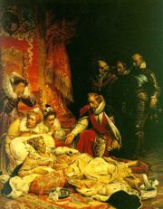 Fictional portrayal of Elizabeth handing the throne of England to King James VI of Scotland