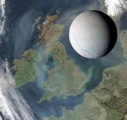 Figure 4: Enceladus' size compared to the UK