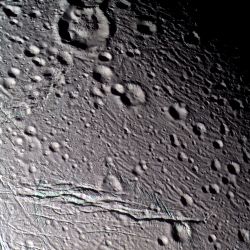 Figure 7: False-color view of Enceladus' surface, showing several tectonic and crater degradation styles. Taken by Cassini on 9 March 2005
