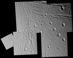 Figure 8: High-resolution mosaic of Enceladus' surface, showing several tectonic and crater degradation styles. Taken by Cassini on 9 March 2005.