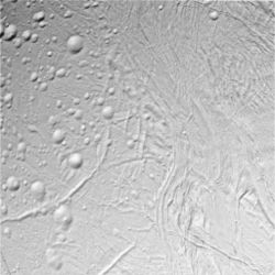 Figure 9: Samarkand Sulci on Enceladus. Taken by Cassini on 17 February 2005.  The northwest portion of Sarandib Planitia can be seen at right