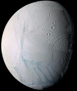 Figure 10: False-color mosaic of Enceladus taken by the Cassini-Huygens probe July 14, 2005. Shows the south polar region, as demarcated by the circumpolar set of ridges and troughs in the bottom half of the mosaic