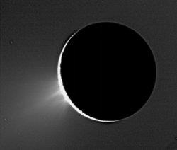 Figure 11: Plumes above the limb of Enceladus feeding the E ring. These appear to emanate from the "tiger stripes" near the south pole