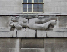 Moore's first public commission, West Wind (1928-29) was one of the eight 'winds' reliefs high on the walls of London Underground's headquarters at 55 Broadway. The other 'winds' were carved by contemporary sculptors including Eric Gill.