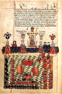 A Mediaeval manuscript, showing the Parliament of England in front of the king c. 1300