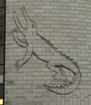 Rutherford was known as the "crocodile". Engraving by Eric Gill at the original Cavendish site in Cambridge.