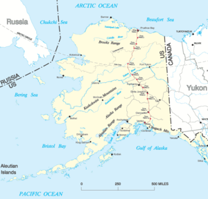 A State of Alaska map (minus a portion of southeastern Alaska) showing place names and the Trans-Alaskan pipeline route (highlighted in red).