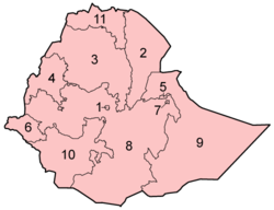The regions and chartered cities of Ethiopia, numbered alphabetically.