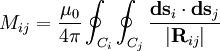 M_{ij} = \frac{\mu_0}{4\pi} \oint_{C_i}\oint_{C_j} \frac{\mathbf{ds}_i\cdot\mathbf{ds}_j}{|\mathbf{R}_{ij}|}