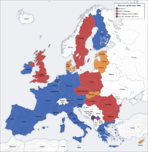  ██ Eurozone countries ██ ERM II countries ██ other EU countries ██ unilaterally adopted euro