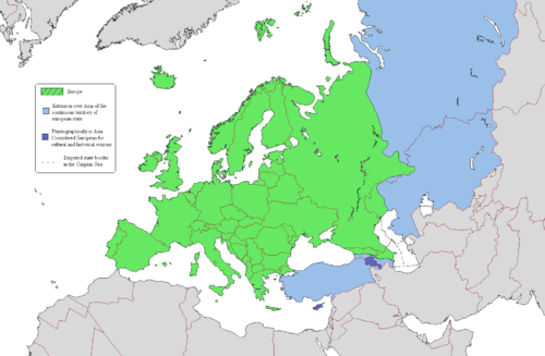 Territories of Europe (also see transcontinental nation): ██ Europe ██ Extension into Asia of the continuous territory of a European state ██ Physiographically in Asia, considered European for cultural and historical reasons[citation needed]