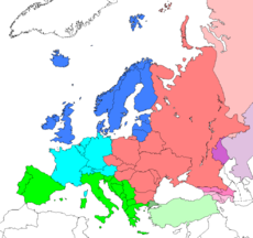 Regions of Europe as delineated by the United Nations (other categorisations may vary): ██ Northern Europe ██ Western Europe ██ Eastern Europe ██ Southern Europe