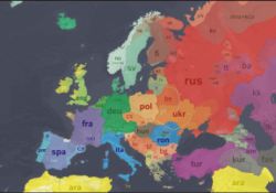 Map showing the approximate current distribution of languages in Europe.