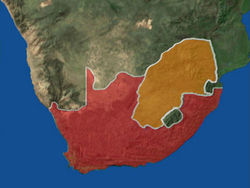 Map of Cape Colony. Cape Colony is red, while the yellow is the Transvaal and Orange Free State.