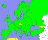 Map showing Song Contest participation since 1956: most countries in Europe have participated at least once. Click the map for a colour key.