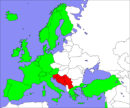 Regular participants in 1992. "Yugoslavia" is coloured in red: 1992 was the last year in which that nation participated under one name.