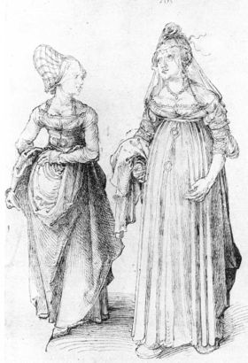 Albrecht Dürer's drawing contrasts a well-turned out bourgeoisie from Nuremberg (left) with her counterpart from Venice, in 1496-97. The Venetian lady's high chopines make her taller.