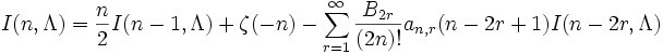 I(n, \Lambda) = \frac{n}{2}I(n-1, \Lambda) + \zeta(-n) - \sum_{r=1}^{\infty}\frac{B_{2r}}{(2n)!} a_{n,r}(n-2r+1) I(n-2r, \Lambda)
