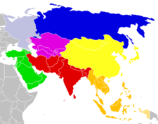 Regions of Asia: ██ Northern Asia ██ Central Asia ██ Western Asia ██ Southern Asia ██ Eastern Asia ██ Southeastern Asia