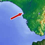 The arrow points to the city of Sanlúcar de Barrameda on the delta of the Guadalquivir River, in Andalusia