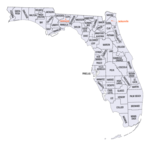 A map of Florida showing county names and boundaries.