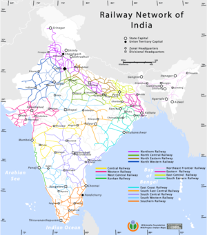 Map showing the Indian rail network and headquarters of each zone