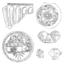 Main archaeological artifacts from the Indo-Greek strata at Taxila. From top, left: - Fluted vase with bead and reel design (Bhir Mound, stratum 1) - Cup with rosace and decoratice scroll (Bhir Mound, stratum 1) - Stone palette with individual on a couch being crowned by standing woman, and served (Sirkap, stratum 5) - Handle with double depiction of a philosopher (Sirkap, stratum 5/4) - Woman with smile (Sirkap, stratum 5) - Man with moustache (Sirkap, stratum 5) (Source: John Marshall "Taxila, Archaeological excavations").