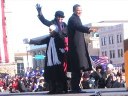 Obama is joined on stage by his wife and two daughters before announcing his presidential campaign in Springfield, Illinois, on February 10, 2007.