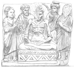 Couple of lay devotees in Greek dress (left and right, wearing the chiton and himation), around the fasting Buddha. In the background are Vajrapani (left) and Indra (right). In the opinion of Marshall in "The Buddhist art of Gandhara": "the finest, I think, and the earliest version of this episode that has come down to us". British Museum.