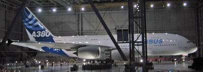 The first completed Airbus A380 at the "A380 Reveal" event in Toulouse on January 18, 2005.