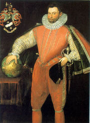 Sir Francis Drake, circa 1581. After Drake became famous, portraits of him were in demand. This portrait may have been copied from Hilliard's miniature—note that the shirt is the same — and the somewhat oddly proportioned body added by an artist who did not have access to Drake.