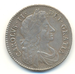 Half-Crown of Charles II, 1683. The inscription reads CAROLUS II DEI GRATIA (Charles II by the Grace of God).