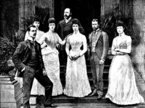 (left to right) Prince Albert Victor, Princesses Maud, the future Queen Alexandra, the future King Edward VII, Princess Louise, Prince George, and Princess Victoria. Norfolk, circa 1892
