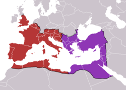 The division of the empire after the death of Theodosius I, c. 395 superimposed on modern borders.      Western Roman Empire      Eastern Roman Empire