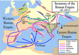 Barbarian invasions of the Roman Empire, showing the Battle of Adrianople.