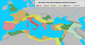 The extent of the Roman Republic and Roman Empire in 218 BC (dark red), 133 BC (light red), 44 BC (orange), AD 14 (yellow), after AD 14 (green), and maximum extension under Trajan 117 (light green).