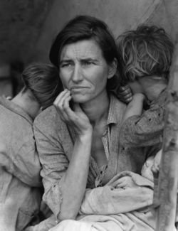 Dorothea Lange's Migrant Mother depicts destitute pea pickers during the depression in California, centering on Florence Owens Thompson, a mother of seven children, age 32, March 1936.