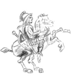 Indo-Greek cavalryman, circa 80 BCE, according to coins of Hermaeus. He wears a cuirass  for the upper body and lamellar armour for the thighs, as well as a cape, boots and a round crested helmet. His weapons are a recurve bow, stowed in a gorytos, and a straight sword with round pommel. The flowing headband indicates royalty.