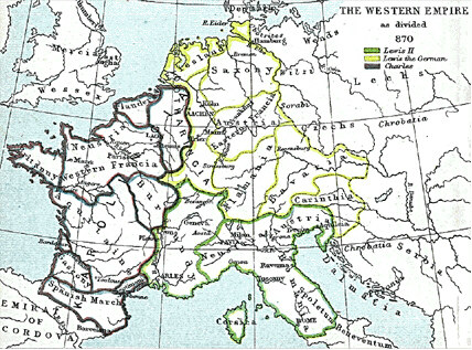 Charlemagne's kingdom survived its founder and covered much of Western Europe from 795 until 843 when a treaty split it amongst his grandsons: Central Franks ruled by Lothair I (green), East Franks ruled by Louis the German (yellow), and Charles the Bald led West Franks (purple).