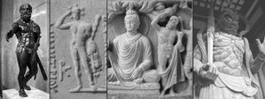 Iconographical evolution from the Greek god Herakles to the Japanese god Shukongōshin. From left to right:1) Herakles (Louvre Museum).2) Herakles on coin of Greco-Bactrian king Demetrius I.3) Vajrapani, the protector of the Buddha, depicted as Herakles in the Greco-Buddhist art of Gandhara.4) Shukongōshin, manifestation of Vajrapani, as protector deity of Buddhist temples in Japan.