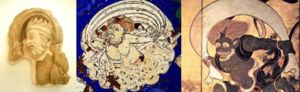 Iconographical evolution of the Wind God.Left: Greek Wind God from Hadda, 2nd century.Middle: Wind God from Kizil, Tarim Basin, 7th century.Right: Japanese Wind God Fujin, 17th century.