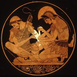 Patroclus and Achilles. Achilles bandages the arm of his friend Patroclus. The scene has been interpreted as an act of welfare and comradeship, or as a scene with sexual overtones. Ancient Greek culture often held the two to be lovers.