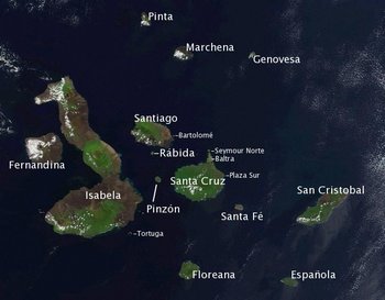 Satellite photo of the Galápagos islands overlayed with the Spanish names of the visible main islands.