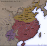 Western Xia, Jin Empire (yellow), Song China (red) and Dali (purple) in 1142.