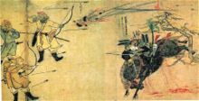 Invasion of Japan against samurai Suenaga using arrows and bombs, circa 1293.