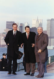 Vice President Bush, and President Ronald Reagan and Soviet premier Mikhail Gorbachev in New York City in  1988