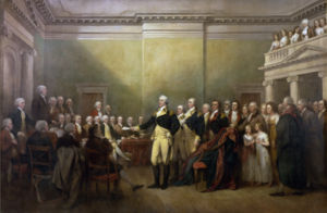 Depiction by John Trumbull of Washington resigning his commission as commander-in-chief