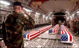 Coffins of American soldiers in a C-17 Globemaster III at Dover Air Force Base.