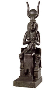 Isis with cow horns, solar disk, sitting on lion throne with Horus on her lap. (Egyptian Late Period)